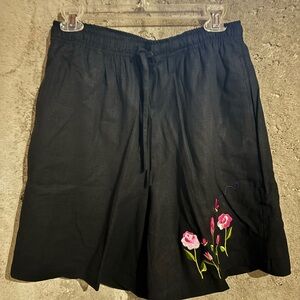Black Shorts with Pink Floral Embroidery